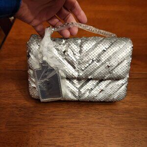 Nicole Miller Silver Sequin Chain Strap Crossbody Small Bag Purse Card Slots NWT